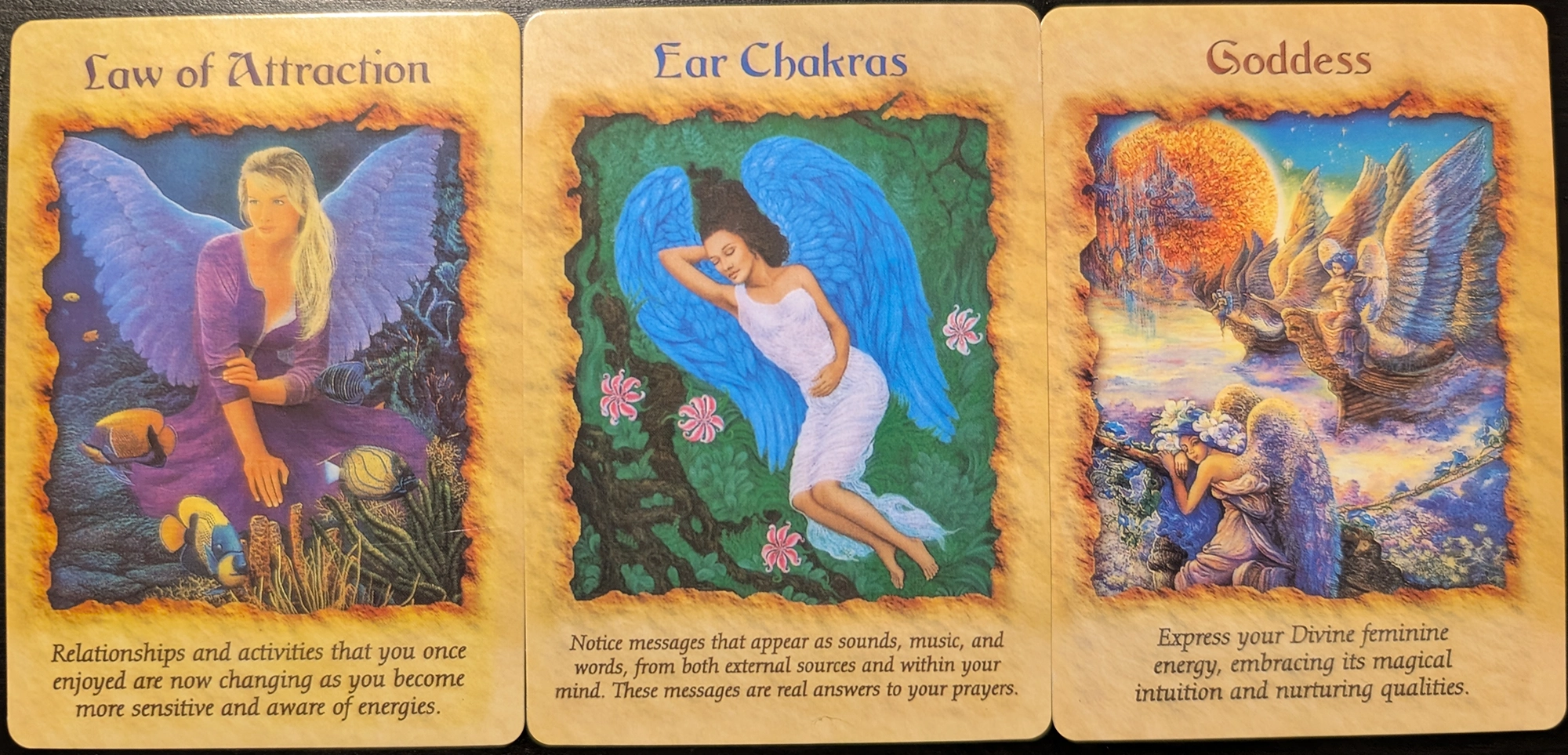 3 cards from the angel THerapy Oracle Cards of Law of Attraction, Ear Chakras, Goddess. 