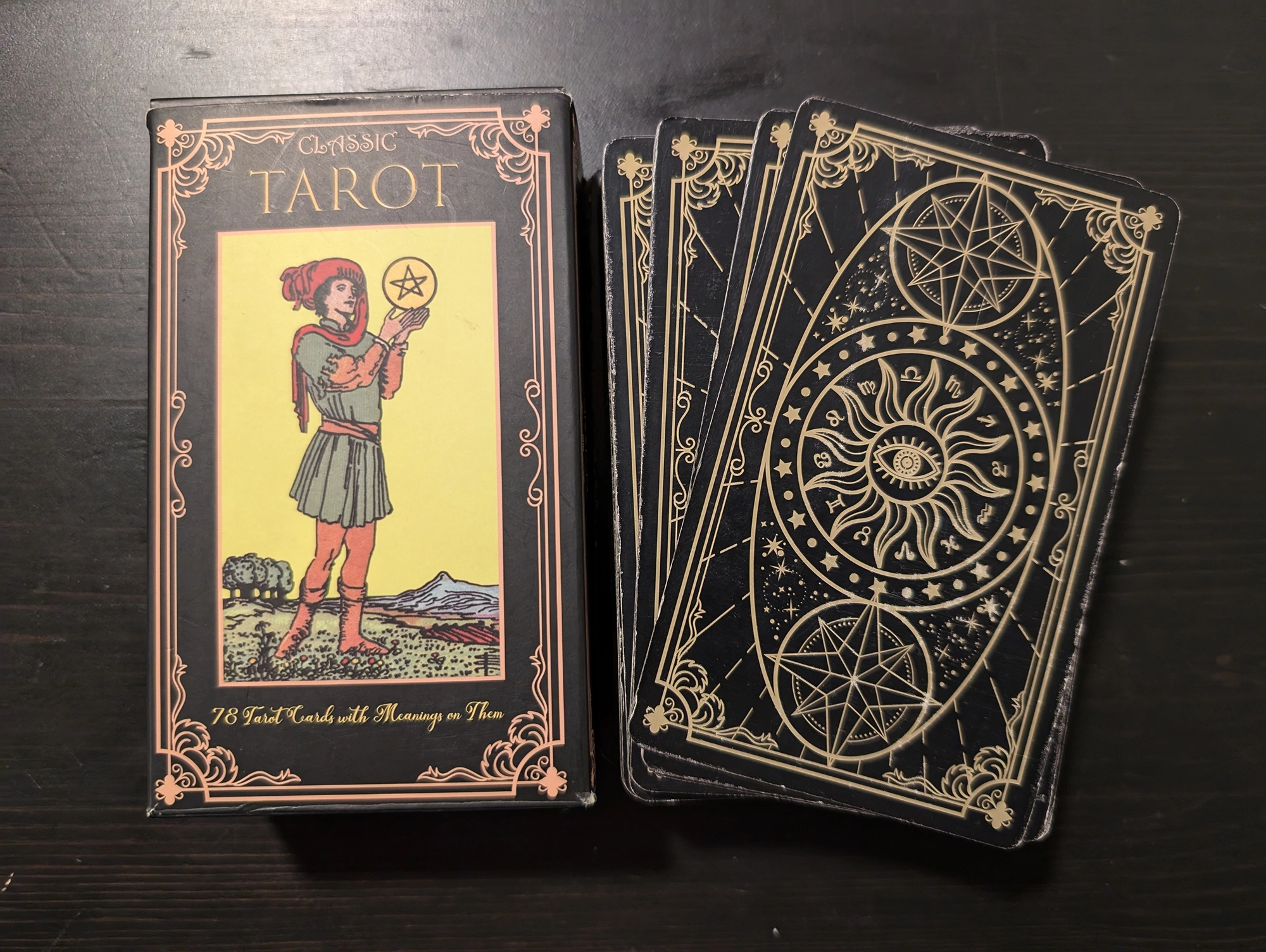 Classic Tarot deck box and back of deck stack