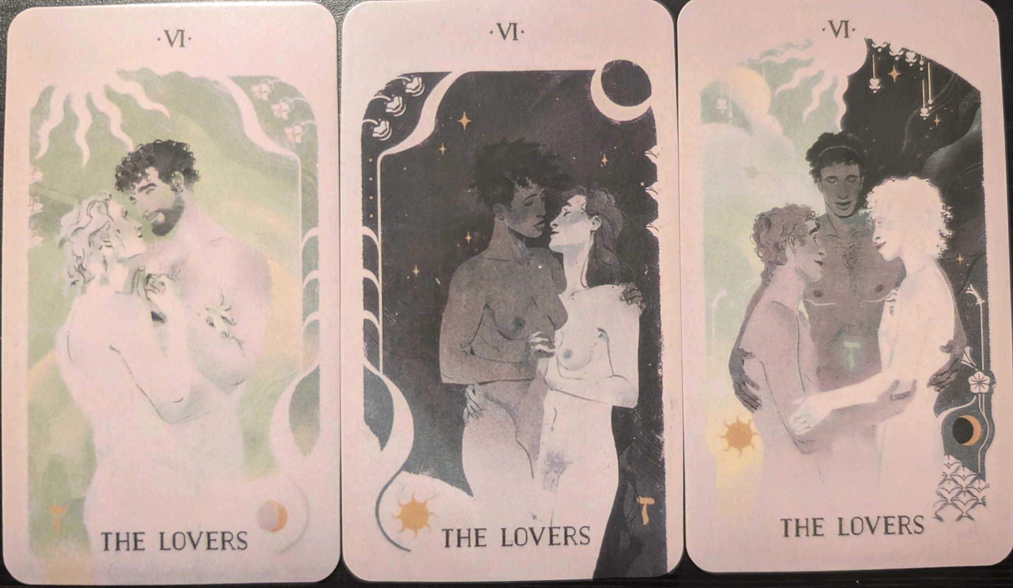 3 cards from the Spheres of Heaven tarot of all three The Lovers variations