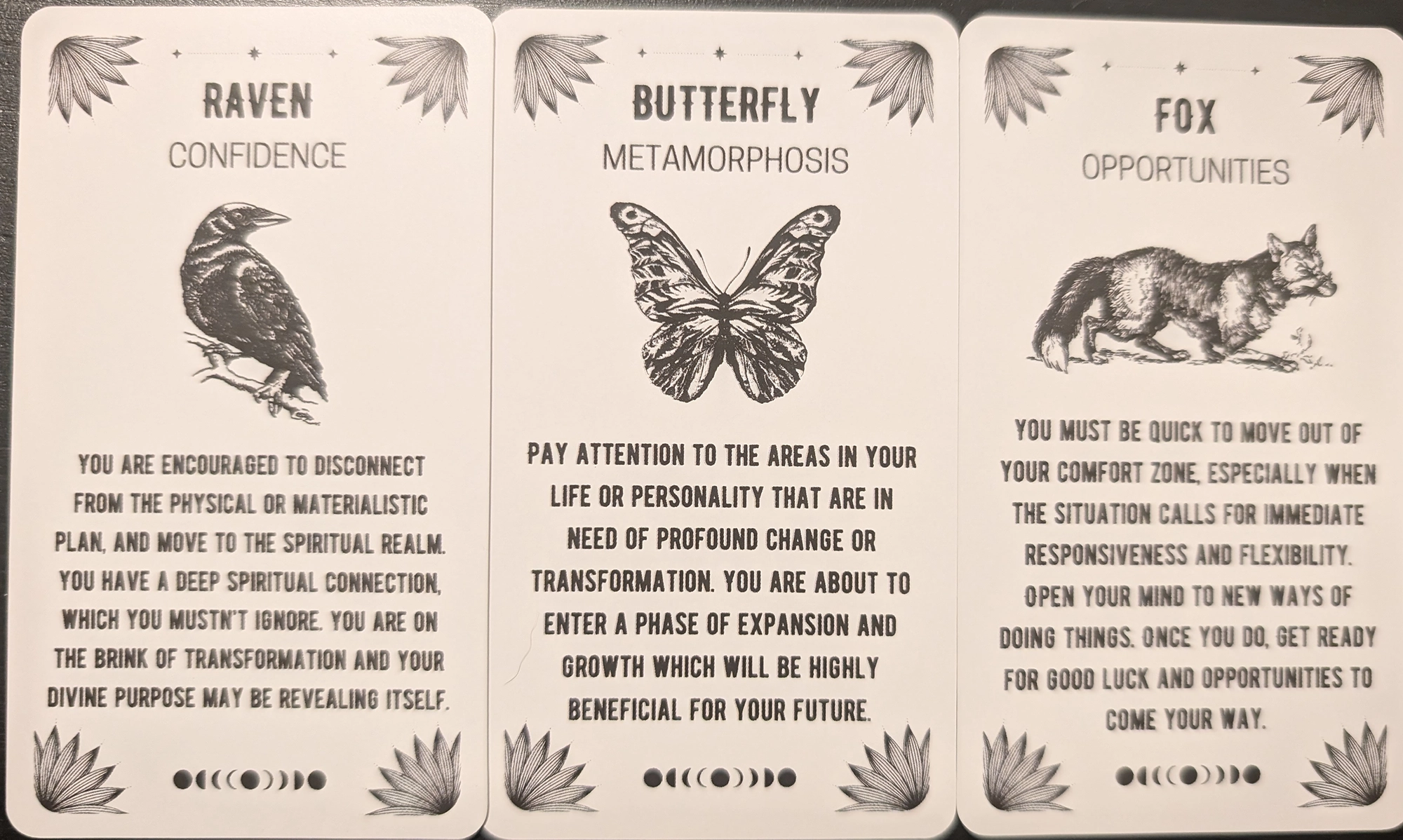 3 cards from the Spirit Animal Oracle deck of Raven, Butterfly, and Fox.