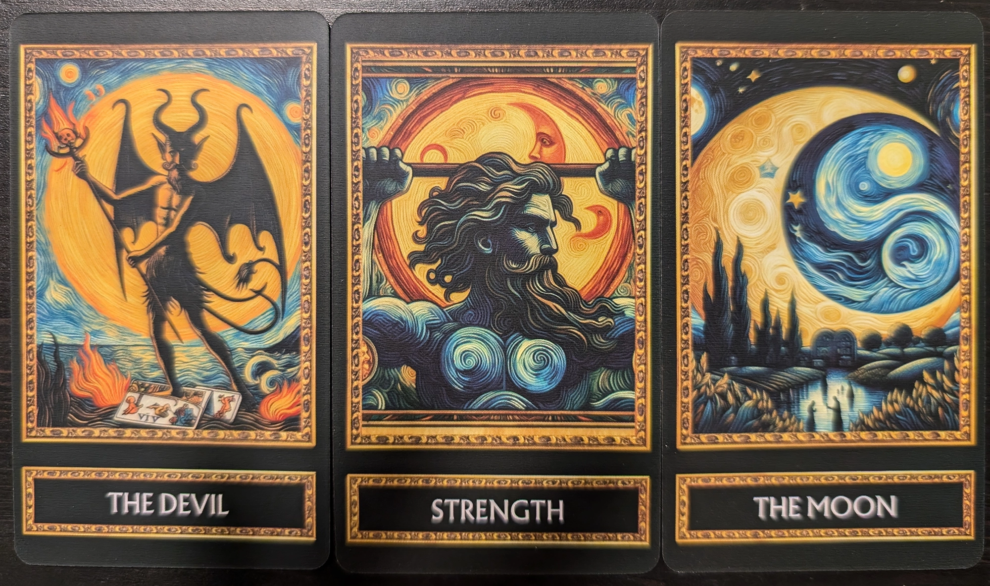 3 Cards from the Van Gogh Tarot Deck of The Devil, Strength, and The Moon.