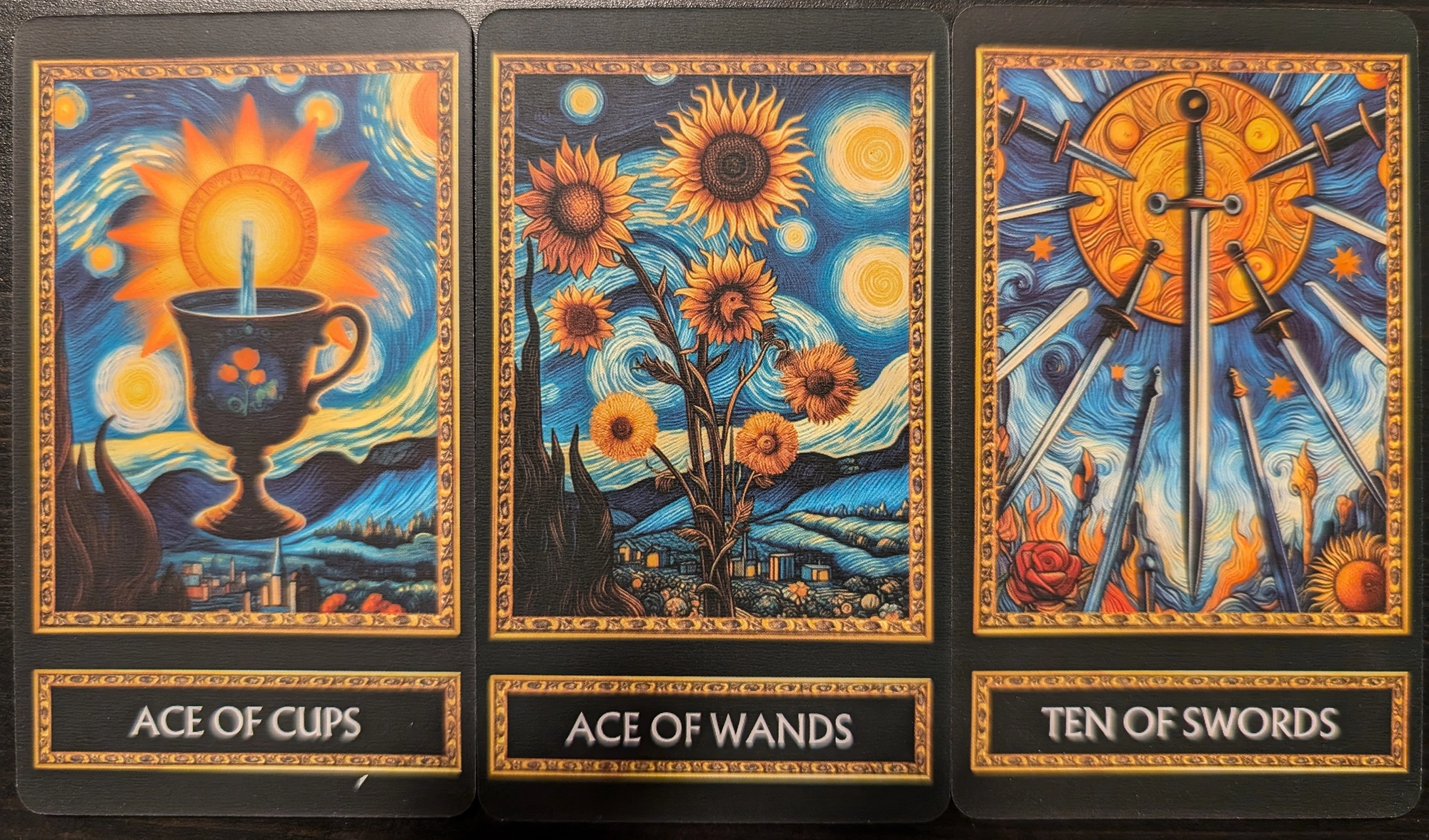 3 Cards from the Van Gogh Tarot Deck of the Ace of Cups, Ace of Wands, and the Ten of Swords.