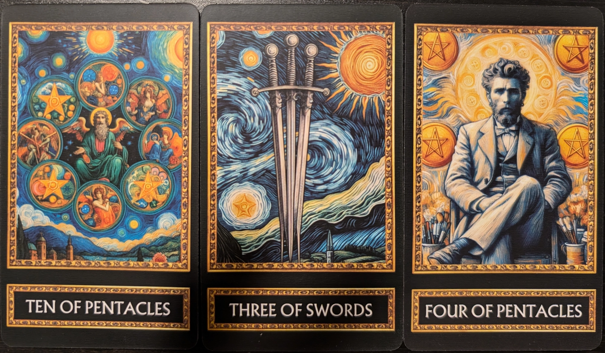 3 Cards from the Van Gogh Tarot Deck of the Ten of Pentacles, Three of Swords, Four of Pentacles.