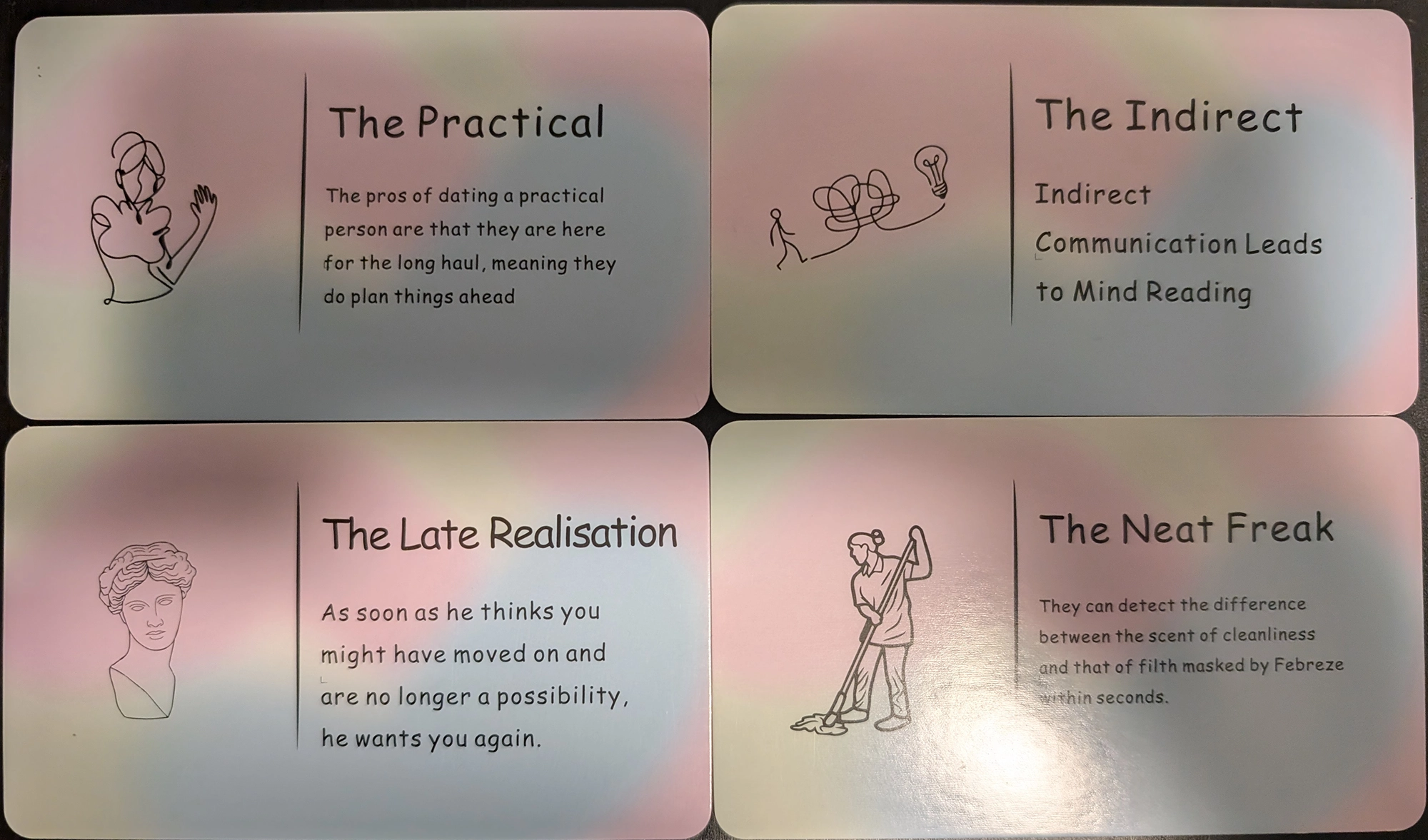 4 cards from the Relationship Archetype Oracle Cards of The Practical, The INdirect, The Late Realisation, The Neat Freak