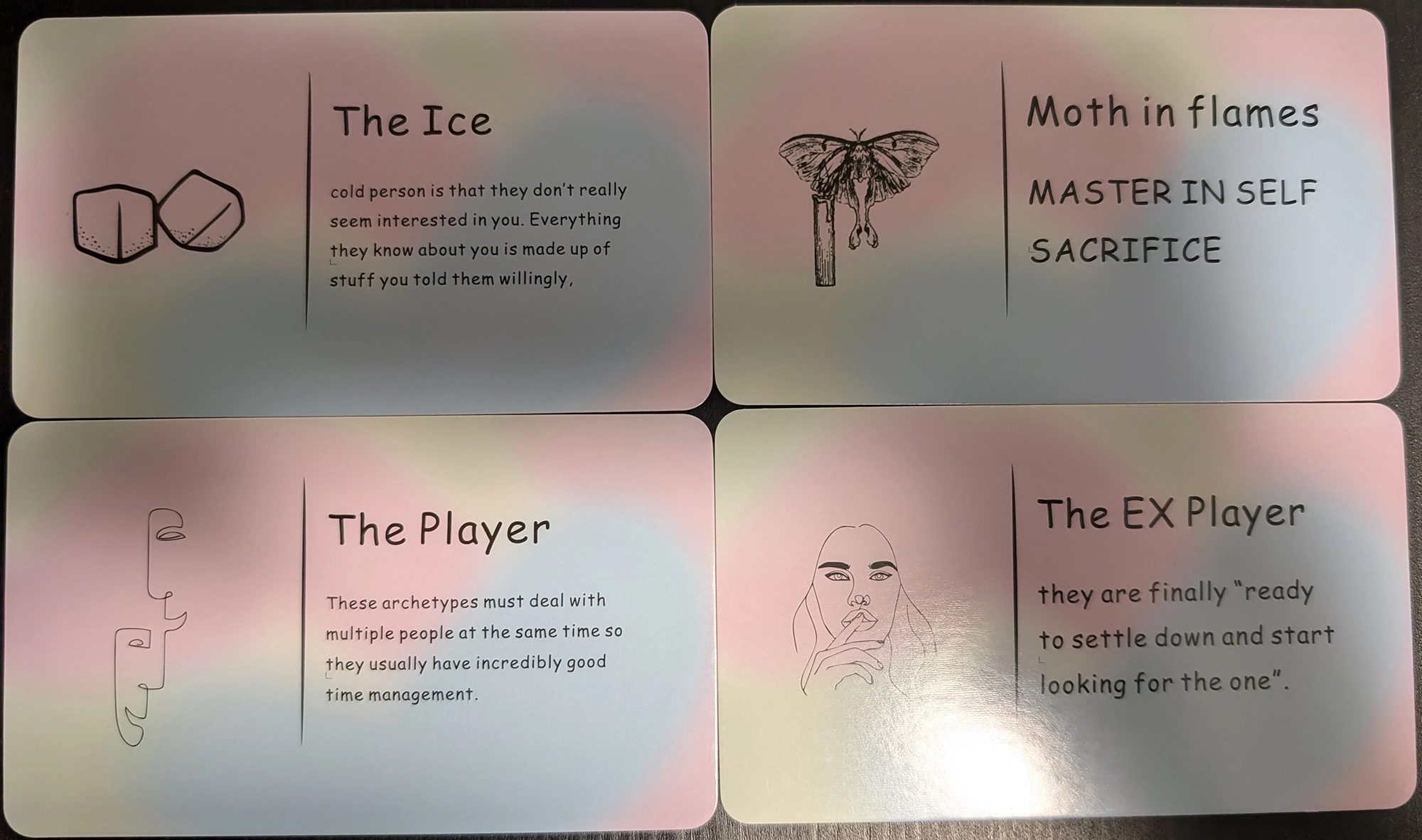 4 cards from the Relationships Archetypes Oracle Cards of The Ice, Moth in Flames, The Player, The EX Player