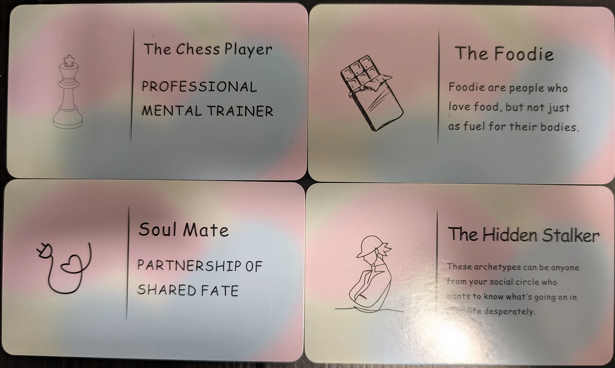 4 cards from the Relationship Archetype Oracle Cards of The CHess Player, The Foodie, Soul Mate, The Hidden Stalker