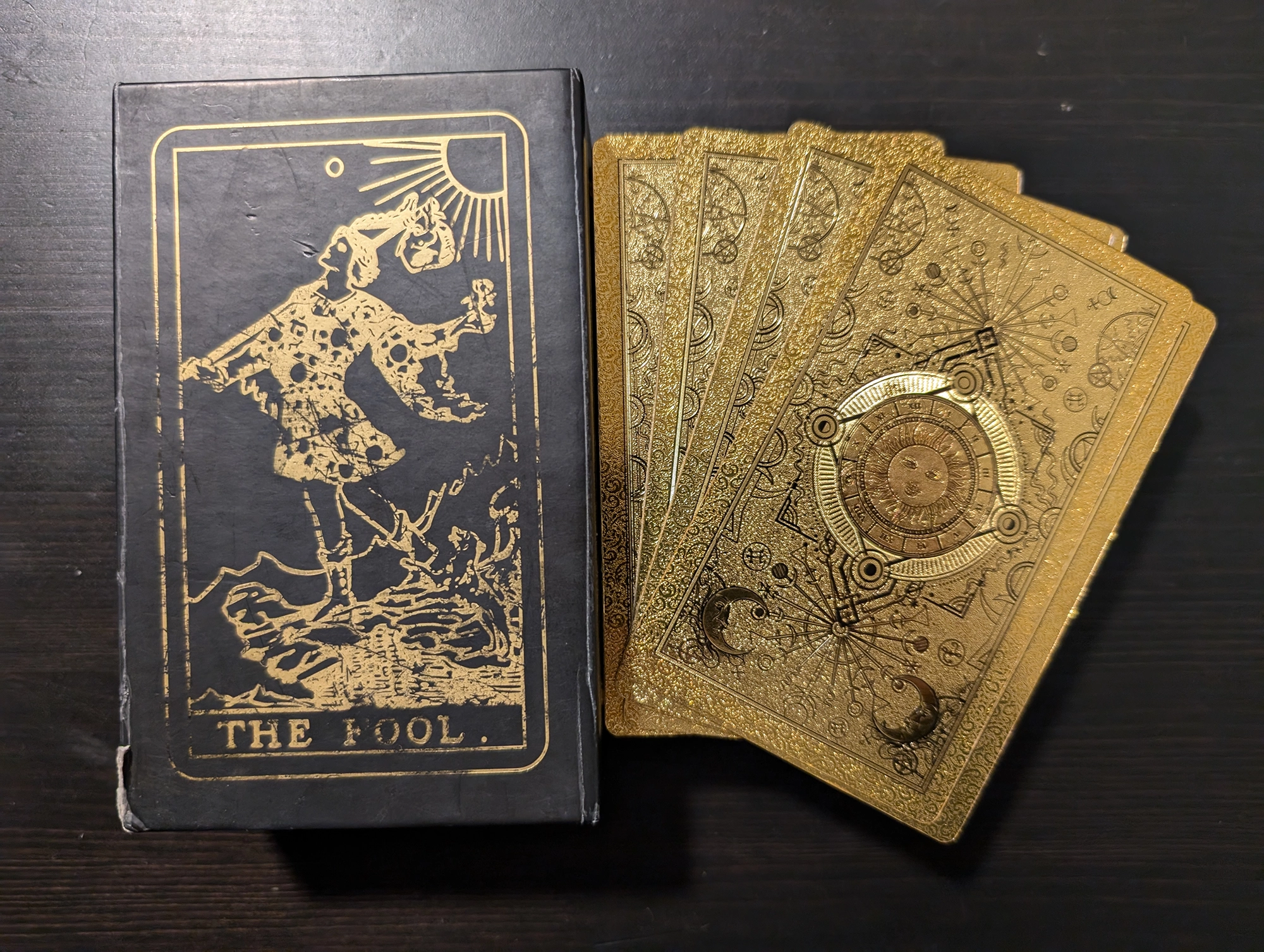 Gold Foil Tarot (Gold) box and back of deck stack