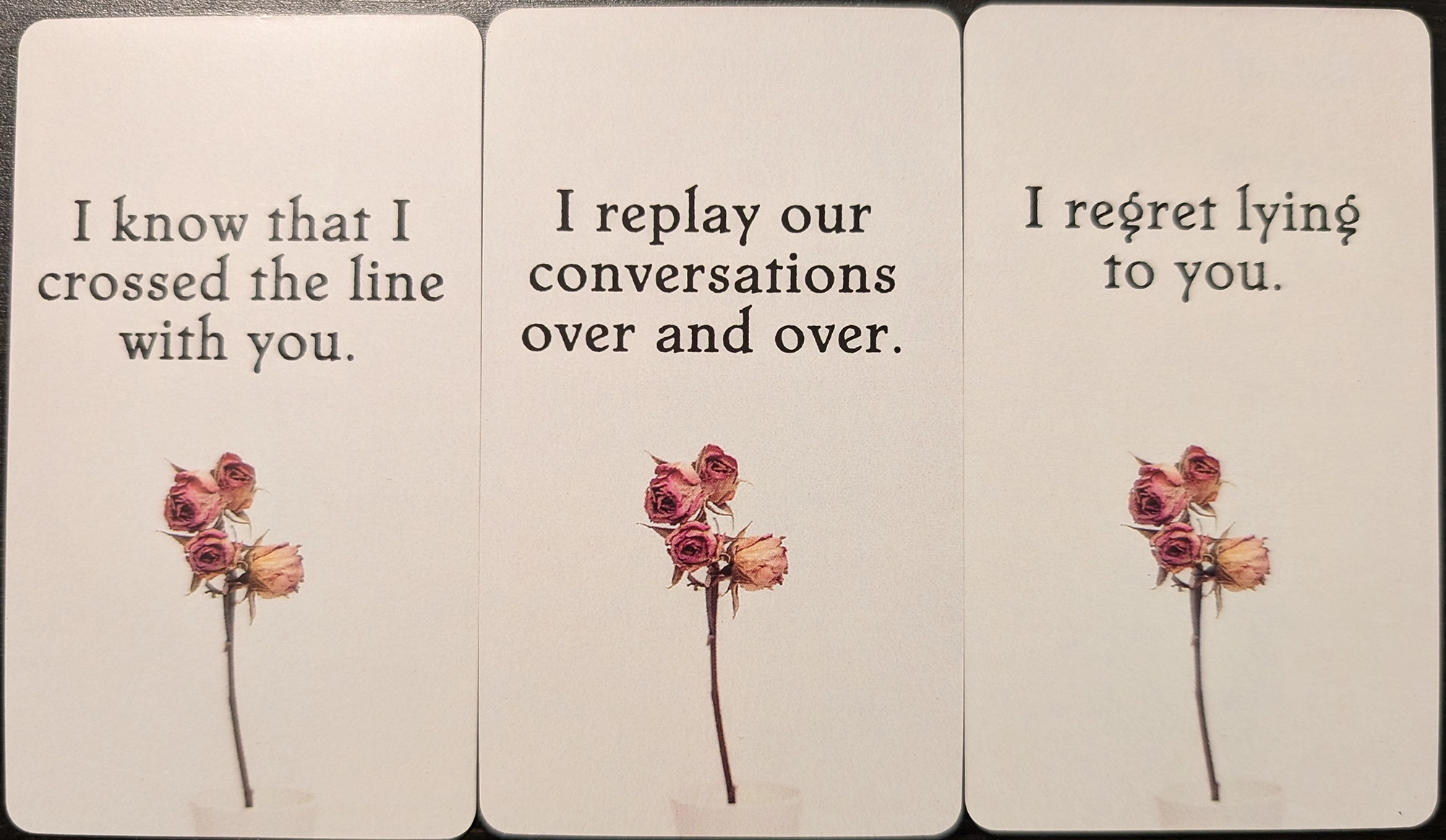 3 cards from The Hidden Truth Oracle of I know I crossed the line with you, I replay our conversations over and over, I regret lying to you. 