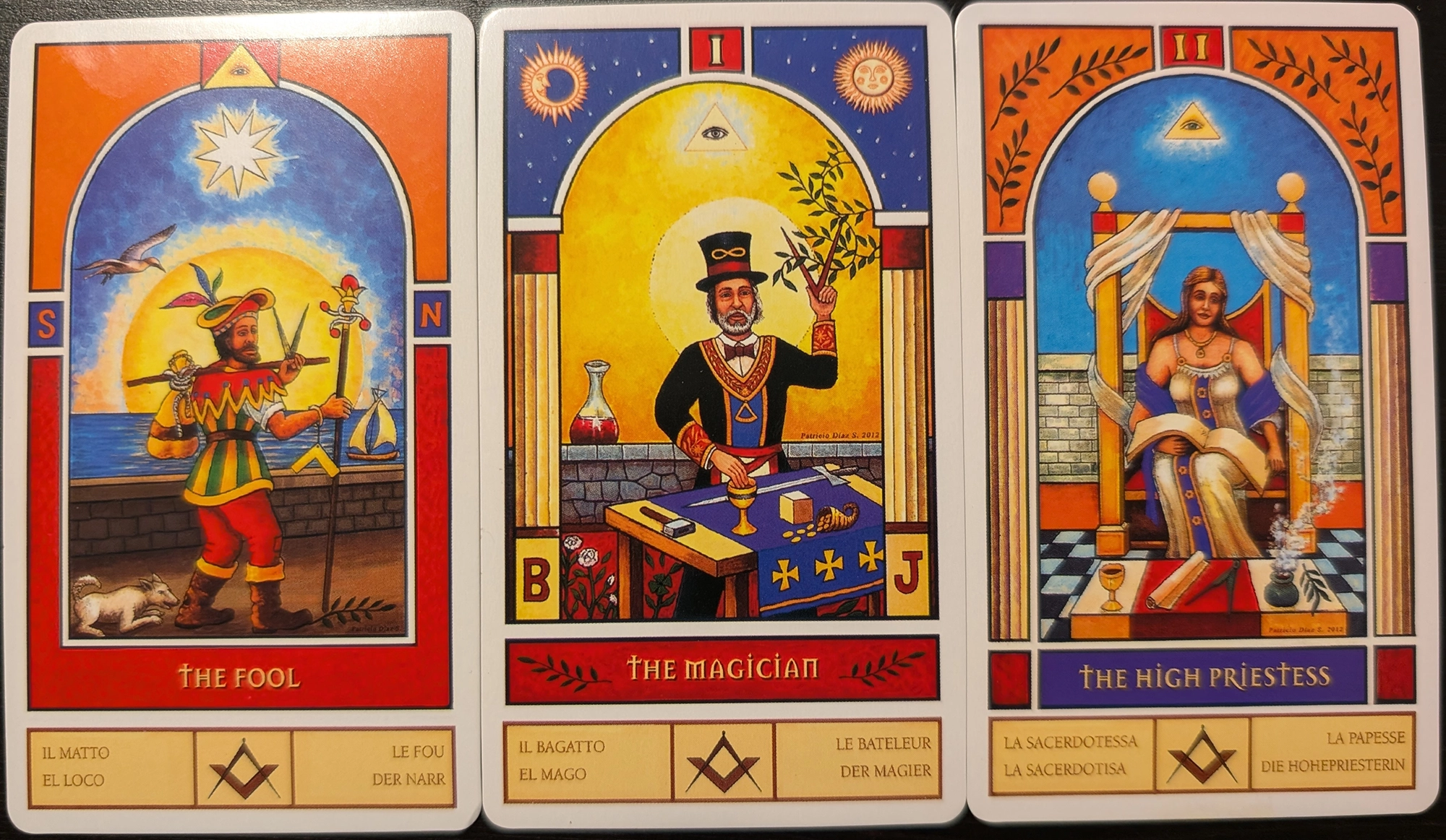 3 cards from the Masonic Tarot of The Fool, The Magican, and The High Priestess