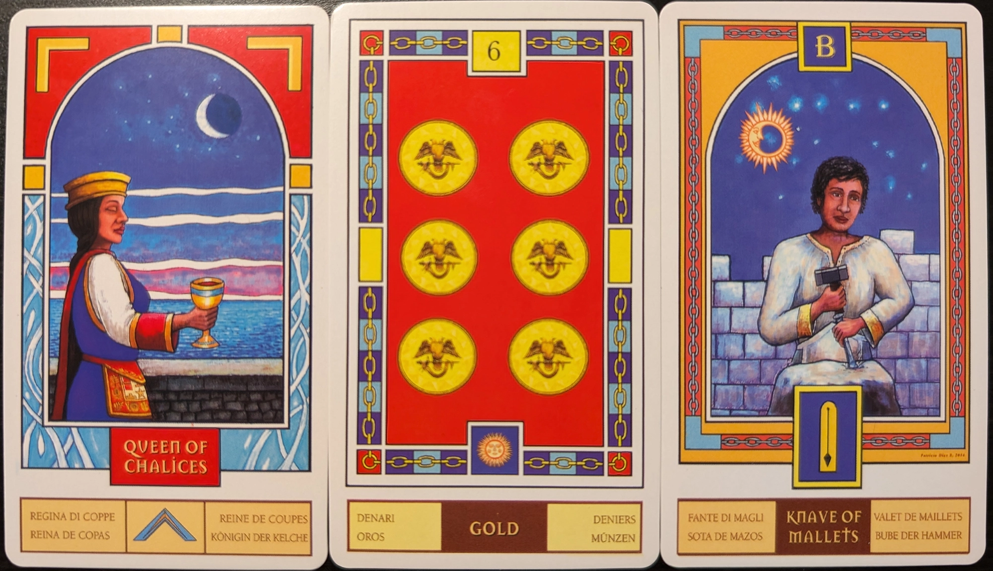 3 cards from the Masonic Tarot of the Queen of Chalices, 6 of Gold, Knave of Mallets