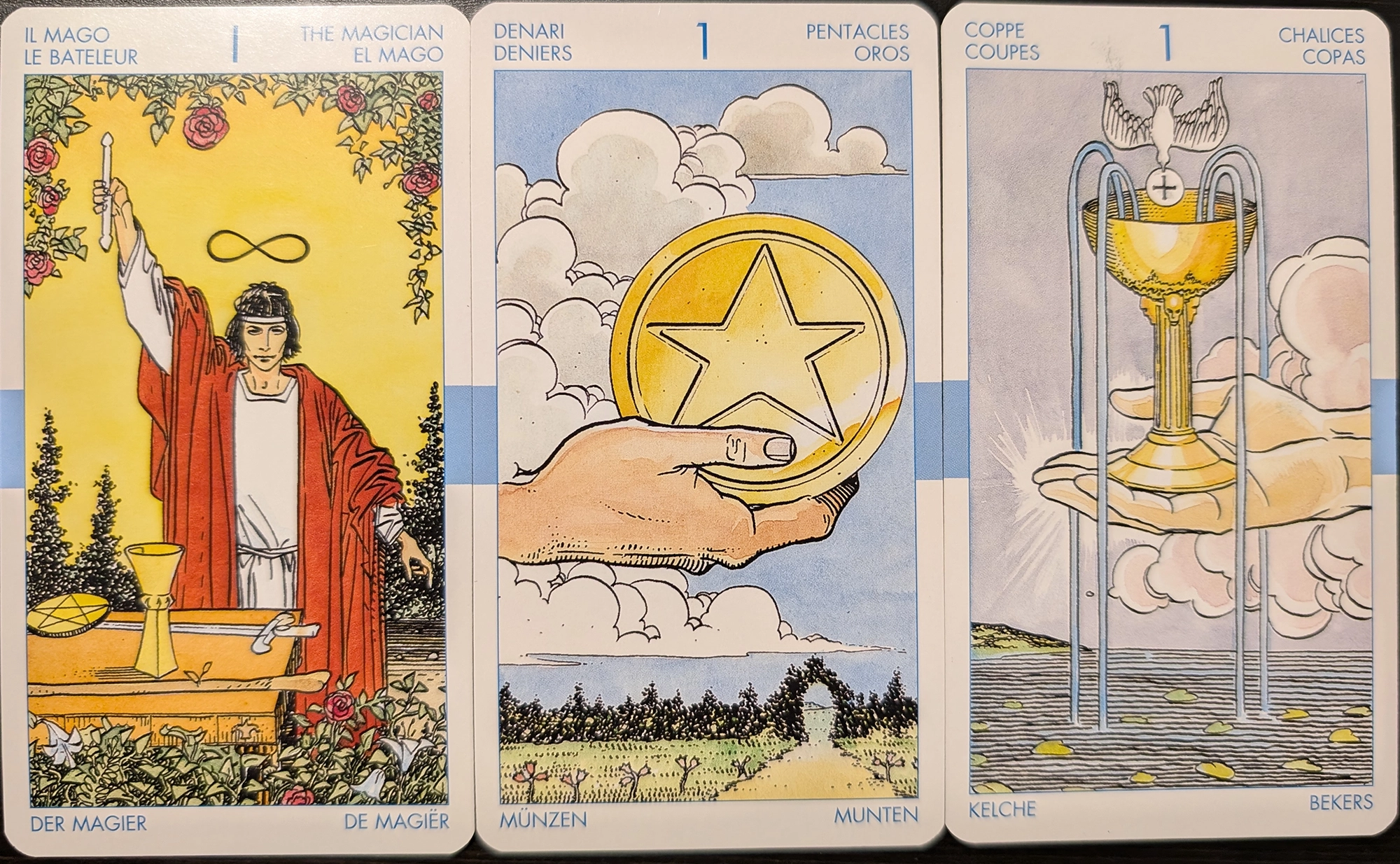 3 cards from the Universal Tarot of The Magician, Ace of Pentacles, Ace of Cups