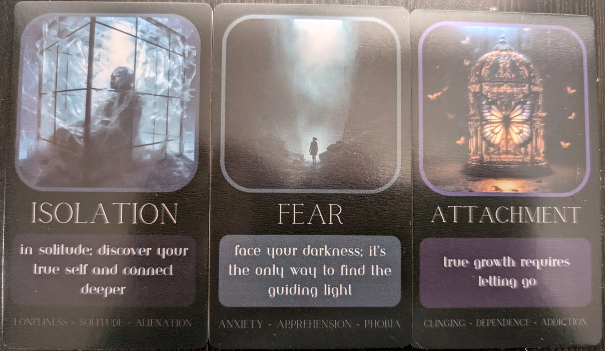 3 cards from the Shadow Work Oracle of Isolation, Fear and Attachment