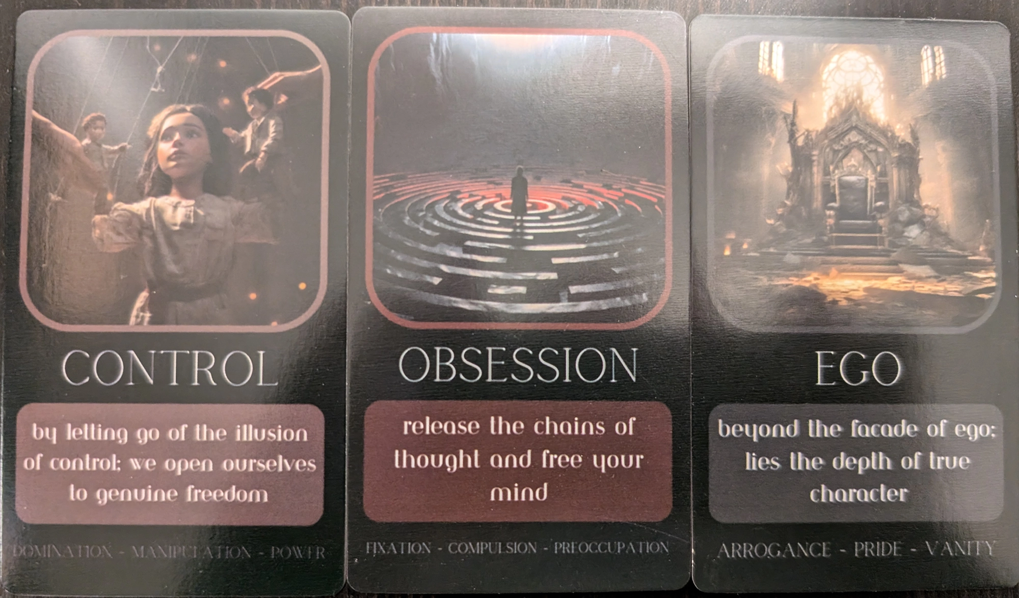 3 cards from the Shadow WOrk Oracle of control, obsession, and ego